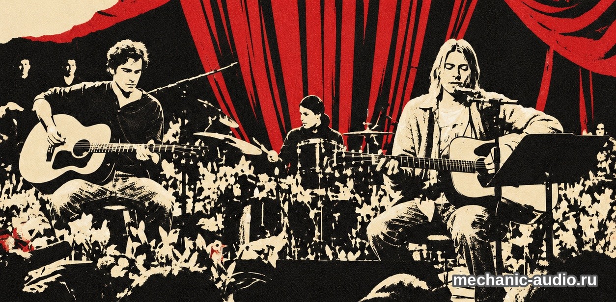 Двухцветная стилизованная иллюстрация: Nirvana на сцене, двое гитаристов с акустическими гитарами и барабанщик между ними, сзади занавес.