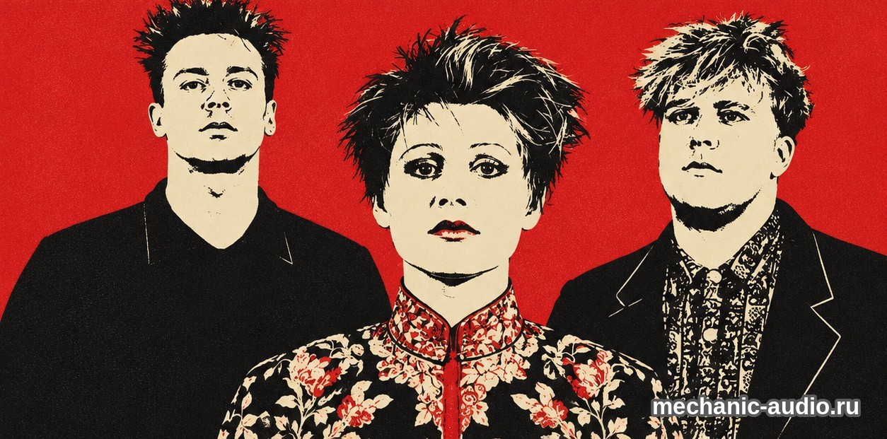 Двухцветная стилизованная иллюстрация: три участника группы Cocteau Twins на красном фоне.