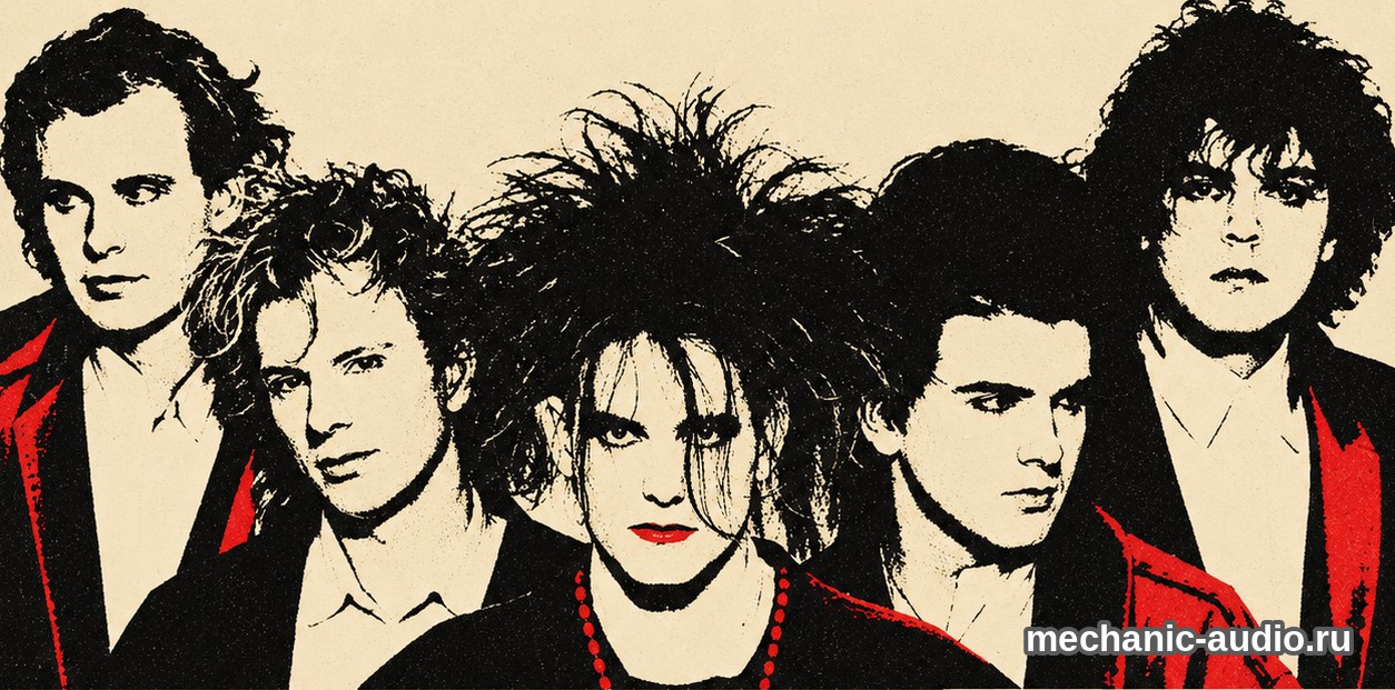 Двухцветная стилизованная иллюстрация: пять участников группы The Cure.