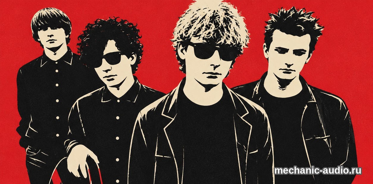 Двухцветная стилизованная иллюстрация: четыре участника группы The Jesus and Mary Chain на красном фоне.