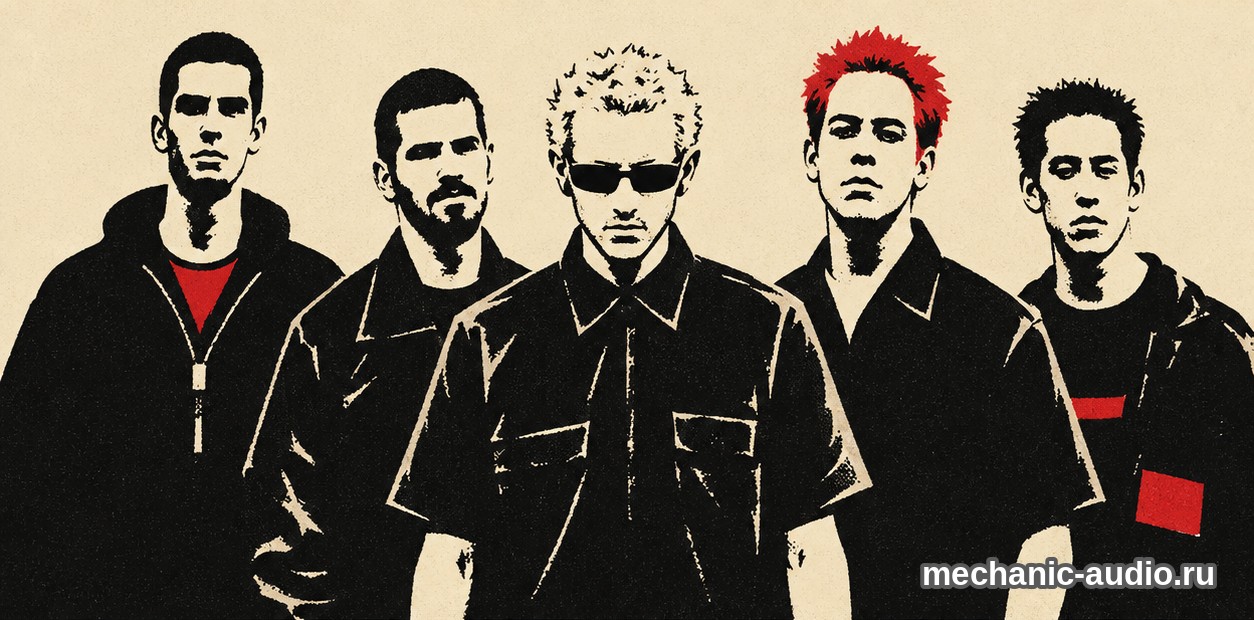 Двухцветная стилизованная иллюстрация: участники Linkin Park.