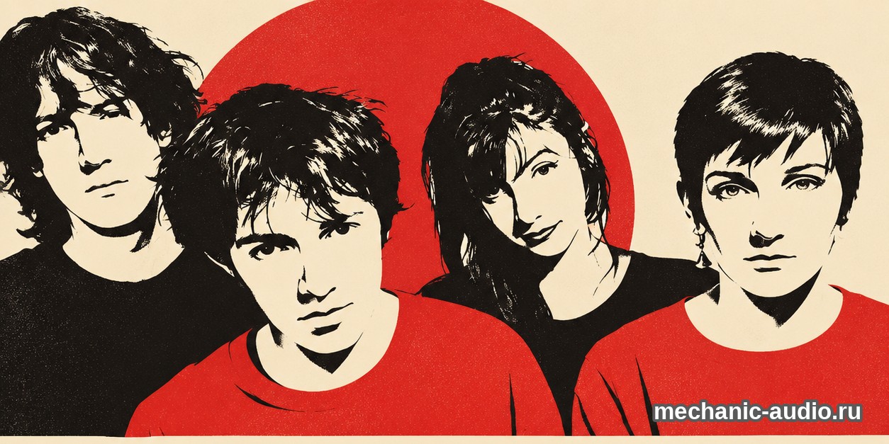 Двухцветная стилизованная иллюстрация: четыре участника My Bloody Valentine.