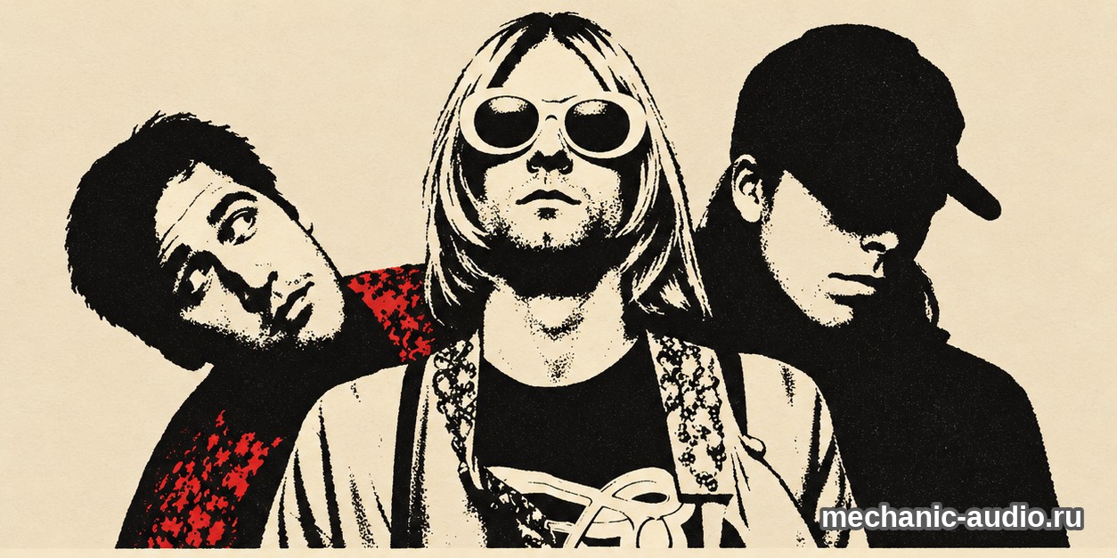 Двухцветная стилизованная иллюстрация: три участника Nirvana, в центре Курт Кобейн в тёмных очках.