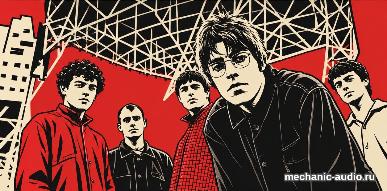 Двухцветная стилизованная иллюстрация: участники группы Oasis.