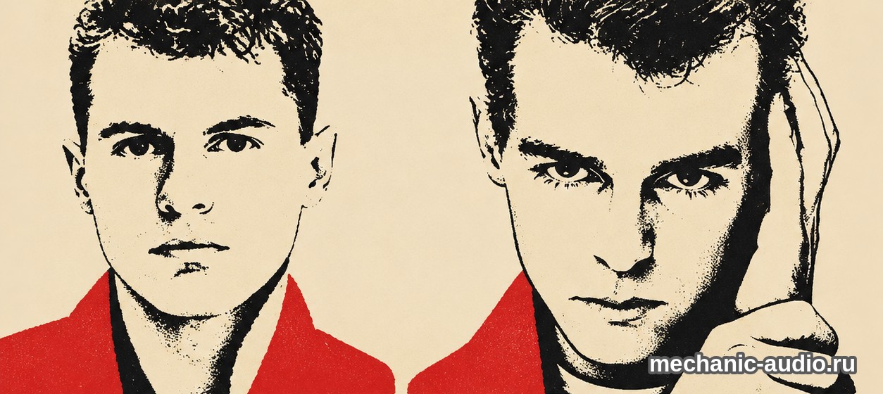 Двухцветная стилизованная иллюстрация: Нил Теннант и Крис Лоу, Pet Shop Boys.