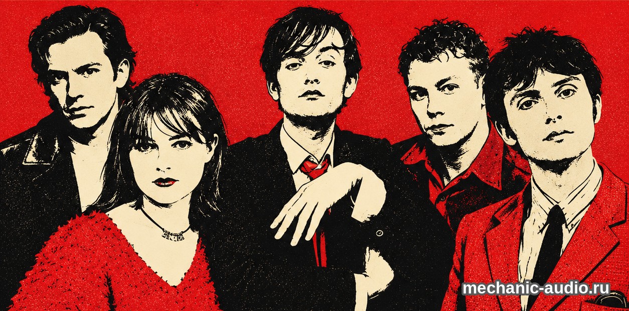Двухцветная стилизованная иллюстрация: пять участников группы Pulp.