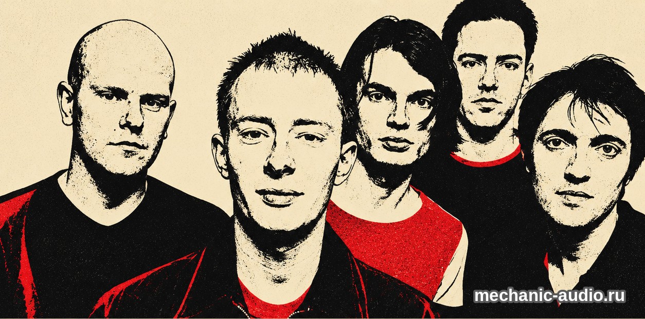 Двухцветная стилизованная иллюстрация: пять участников группы Radiohead.