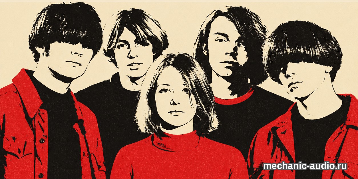 Двухцветная стилизованная иллюстрация: пять участников Slowdive.