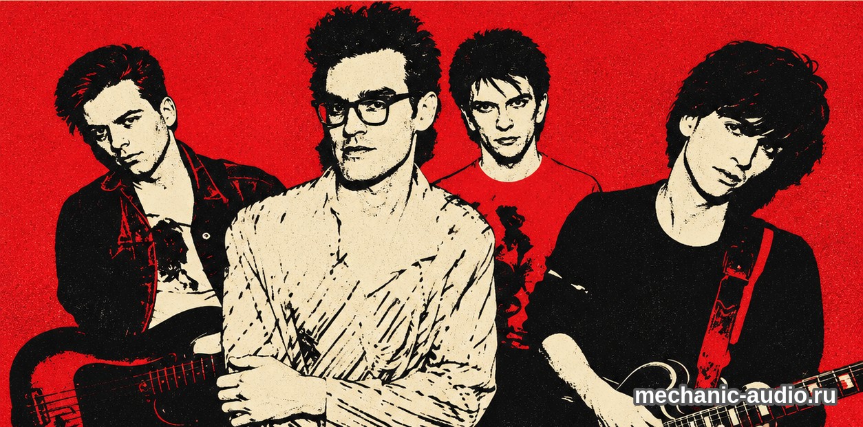 Двухцветная стилизованная иллюстрация: четыре участника группы The Smiths.