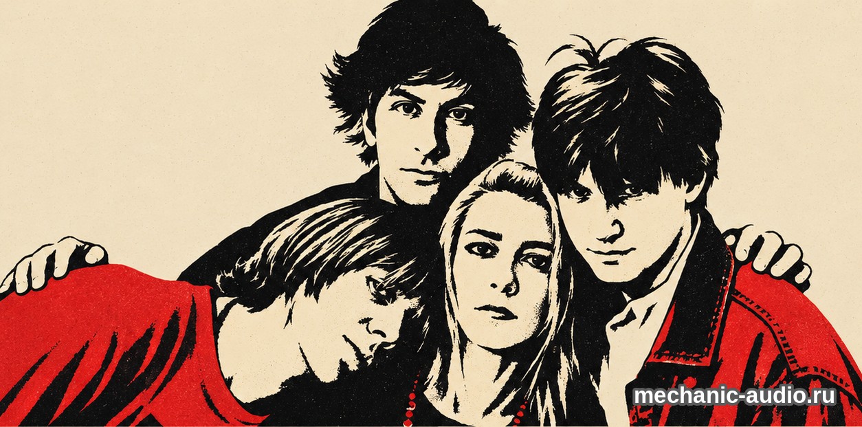 Двухцветная стилизованная иллюстрация: четыре участника группы Sonic Youth.