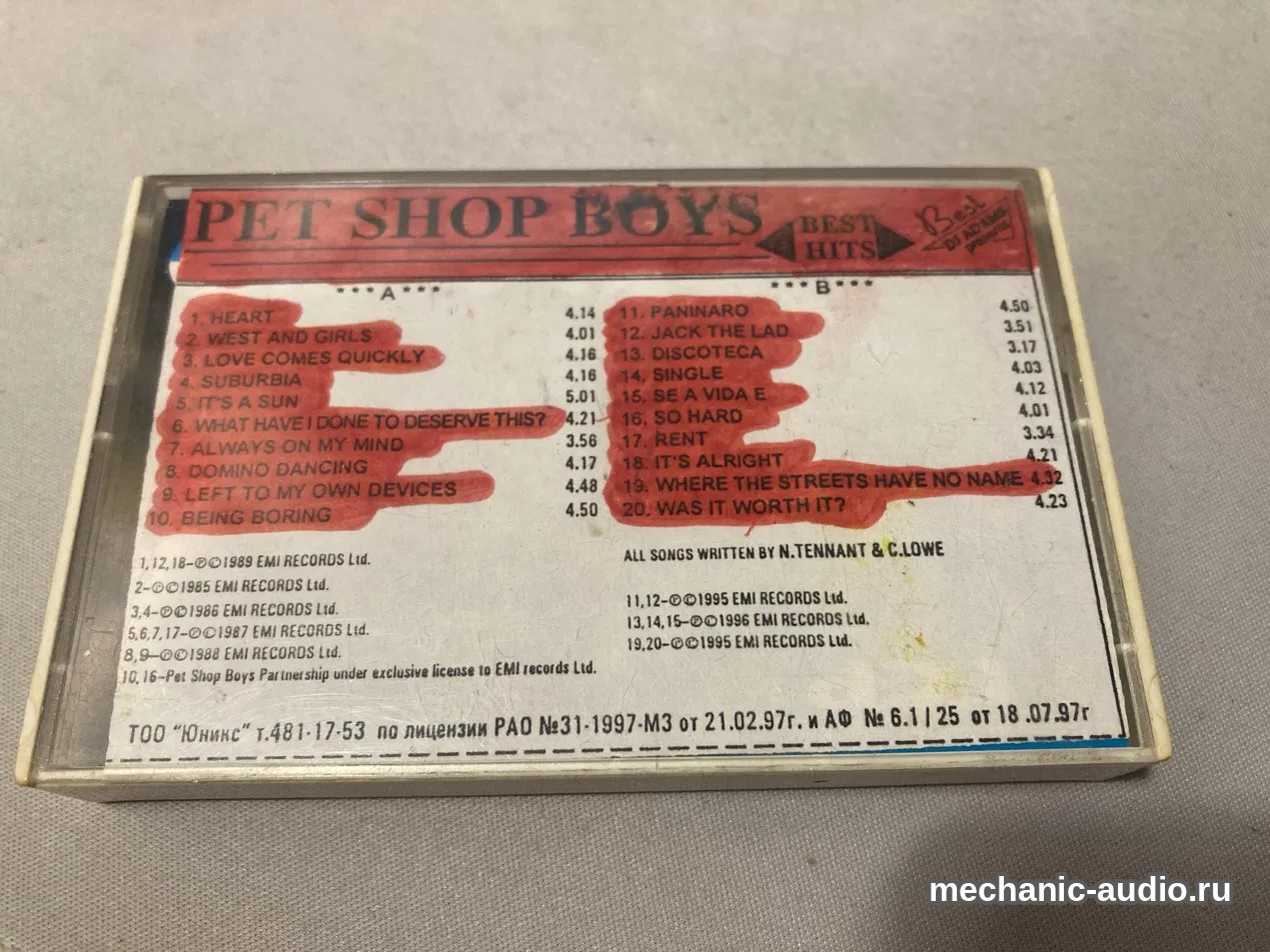 Пиратская кассета Pet Shop Boys «Best Hits», ТОО «Юникс», 1997, оборот вкладыша.